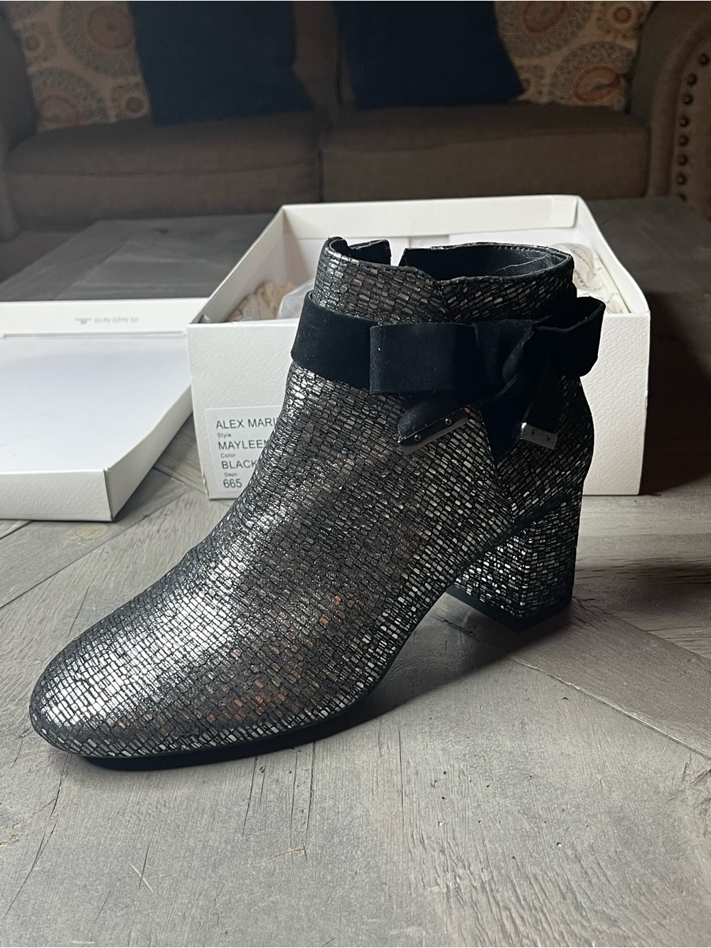 Alex Marie Silver-Black Metallic Ankle Boot with Suede Bow
